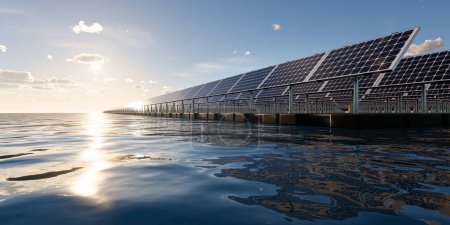 3d rendering of floating solar, floatovoltaics or solar farm consist of photovoltaic cell on panel, pontoon, water. System technology for electric, electricity generation. Clean and green power energy