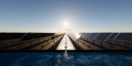Photo for 3d rendering of floating solar, floatovoltaics or solar farm consist of photovoltaic cell on panel, pontoon, water. System technology for electric, electricity generation. Clean and green power energy - Royalty Free Image