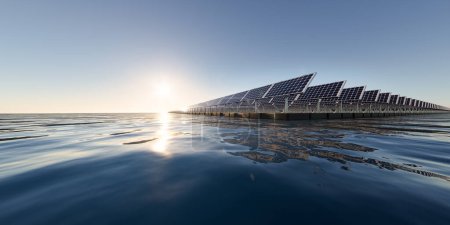 3D-Rendering von schwimmenden Solar-, Floatovoltaik- oder Solarparks besteht aus Photovoltaikzellen auf Paneelen, Pontons, Wasser. Systemtechnik für Elektrizität, Stromerzeugung. Saubere und grüne Energie
