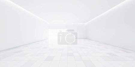 Photo for 3d rendering of white empty space in room, ceramic tile floor in perspective, window and ceiling strip light. Interior home design look clean, bright, shiny surface with texture pattern for background - Royalty Free Image