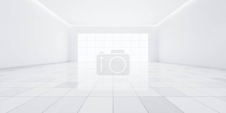 Photo for 3d rendering of white tile floor in perspective, empty space or room, light from window. Modern interior home design of living room, look clean, bright, surface with texture pattern for background. - Royalty Free Image