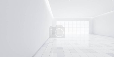 Téléchargez les photos : 3d rendu de carrelage blanc en perspective, espace vide ou pièce, lumière de la fenêtre. Design intérieur moderne de la maison du salon, look propre, lumineux, surface avec motif de texture pour l'arrière-plan. - en image libre de droit