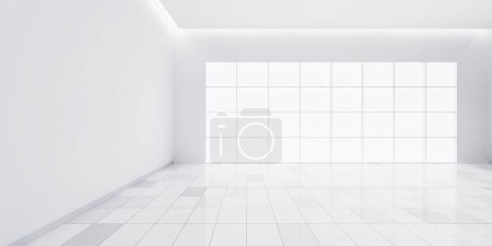 Téléchargez les photos : 3d rendu de carrelage blanc en perspective, espace vide ou pièce, lumière de la fenêtre. Design intérieur moderne de la maison du salon, look propre, lumineux, surface avec motif de texture pour l'arrière-plan. - en image libre de droit