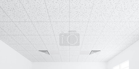 3d rendering of white ceiling in perspective with texture of acoustic gypsum board, air conditioner, lighting fixture or panel light, pattern of square grid structure. Interior design for building.