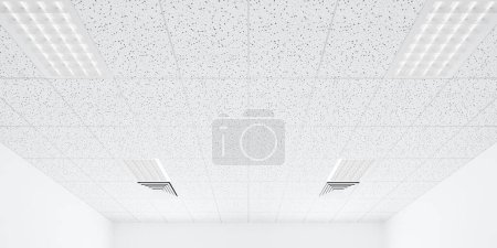 Photo for 3d rendering of white ceiling in perspective with texture of acoustic gypsum board, air conditioner, lighting fixture or panel light, pattern of square grid structure. Interior design for building. - Royalty Free Image