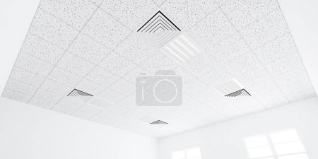 Foto de 3d representación de techo blanco en perspectiva con textura de tablero de yeso acústico, acondicionador de aire, accesorio de iluminación o panel de luz, patrón de estructura cuadrada de la rejilla. Diseño de interiores para la construcción. - Imagen libre de derechos