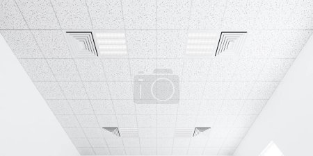 Téléchargez les photos : 3d rendu de plafond blanc en perspective avec la texture du placoplâtre acoustique, climatiseur, luminaire ou panneau lumineux, modèle de structure de grille carrée. Design d'intérieur pour le bâtiment. - en image libre de droit
