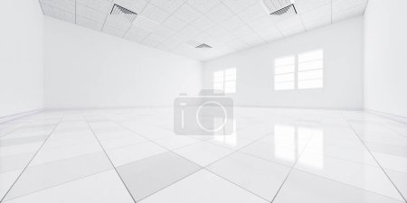 Foto de 3d representación de piso de baldosas blancas en perspectiva, espacio vacío o habitación, luz de la ventana. Diseño interior moderno de la casa de la sala de estar, aspecto limpio, brillante, superficie con patrón de textura para el fondo. - Imagen libre de derechos