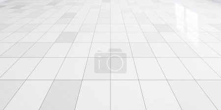 Photo for 3d rendering of white tile floor with texture pattern in perspective. Clean shiny of ceramic surface. Modern interior home design for bathroom, kitchen and laundry room. Empty space for background. - Royalty Free Image