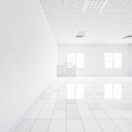 Foto de 3d representación de piso de baldosas blancas en perspectiva, espacio vacío o habitación, luz de la ventana. Diseño interior moderno de la casa de la sala de estar, aspecto limpio, brillante, superficie con patrón de textura para el fondo. - Imagen libre de derechos