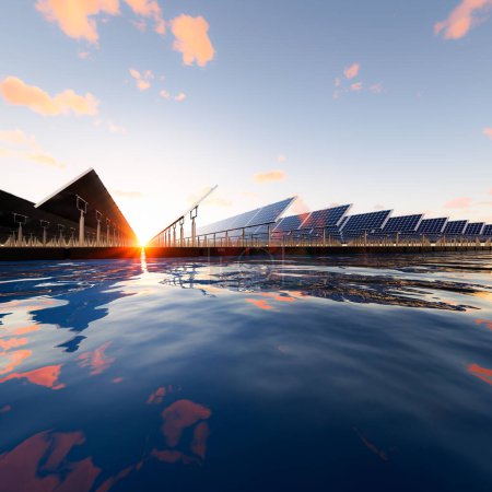 Foto de 3d representación de flotante solar, floatovoltaica o granja solar consisten en células fotovoltaicas en el panel, pontón, agua. Tecnología de sistemas para la generación eléctrica y eléctrica. Energía limpia y verde - Imagen libre de derechos