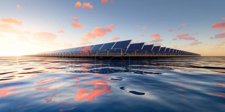 Photo for 3d rendering of floating solar, floatovoltaics or solar farm consist of photovoltaic cell on panel, pontoon, water. System technology for electric, electricity generation. Clean and green power energy - Royalty Free Image