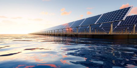 3D-Rendering von schwimmenden Solar-, Floatovoltaik- oder Solarparks besteht aus Photovoltaikzellen auf Paneelen, Pontons, Wasser. Systemtechnik für Elektrizität, Stromerzeugung. Saubere und grüne Energie