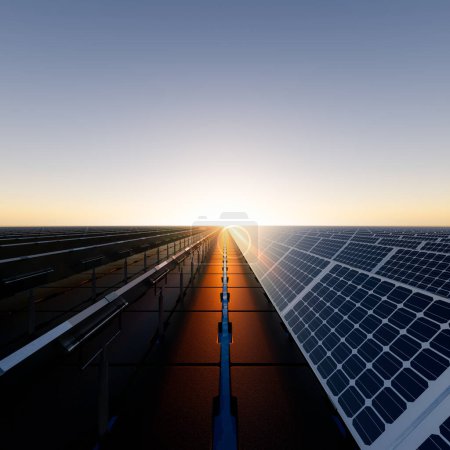 Foto de 3d representación de flotante solar, floatovoltaica o granja solar consisten en células fotovoltaicas en el panel, pontón, agua. Tecnología de sistemas para la generación eléctrica y eléctrica. Energía limpia y verde - Imagen libre de derechos
