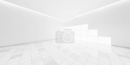 Téléchargez les photos : 3d rendu de l'espace vide blanc dans la pièce, carrelage en céramique plancher en perspective, fenêtre et la lumière de bande de plafond. Design d'intérieur look propre, lumineux, surface brillante avec motif de texture pour l'arrière-plan - en image libre de droit