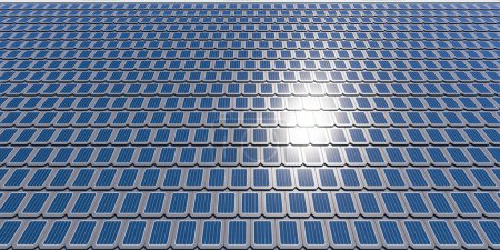 Photo for 3d rendering of solar or photovoltaic shingles in perspective on roof of home or house building. System technology to generate electrical power or direct current electricity by light or sunlight. - Royalty Free Image