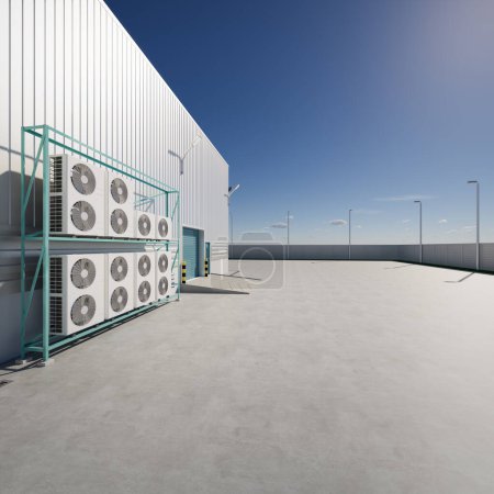 Photo for 3d rendering of condenser unit or compressor outside factory plant. Unit of ac air conditioner, heating ventilation or hvac air conditioning system. Include fan, coil and pump inside for heat and cool - Royalty Free Image