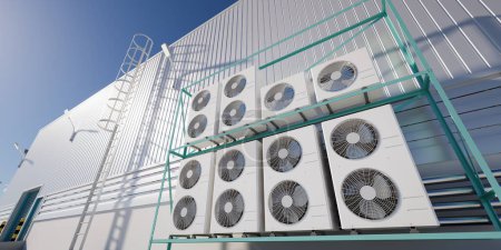 Téléchargez les photos : 3d rendering of condenser unit or compressor outside factory plant. Unit of ac air conditioner, heating ventilation or hvac air conditioning system. Include fan, coil and pump inside for heat and cool - en image libre de droit