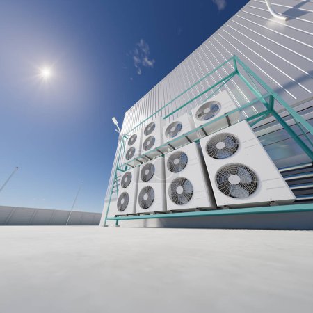 Foto de 3d rendering of condenser unit or compressor outside factory plant. Unit of ac air conditioner, heating ventilation or hvac air conditioning system. Include fan, coil and pump inside for heat and cool - Imagen libre de derechos