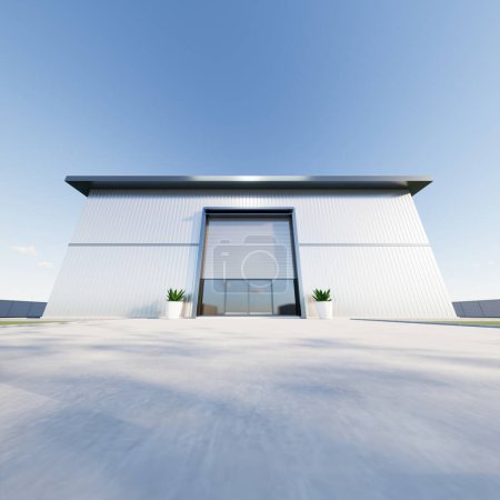 Photo for 3d rendering of exterior of commercial building design. May called modern factory, warehouse, shop or store. Include metal door or roller shutter, space on concrete floor for industrial background. - Royalty Free Image