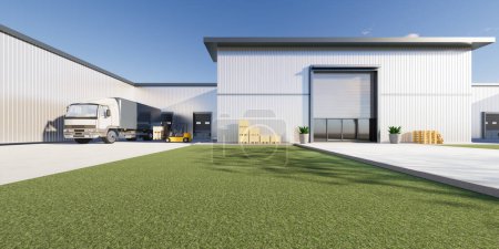 Photo for 3d rendering of distribution center, warehouse exterior. Include  roller shutter, truck, box, forklift and space on concrete floor for industrial background and concept of logistics, import export. - Royalty Free Image