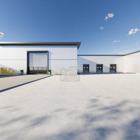 3d rendering of distribution center, warehouse exterior. Include  roller shutter, truck, box, forklift and space on concrete floor for industrial background and concept of logistics, import export.