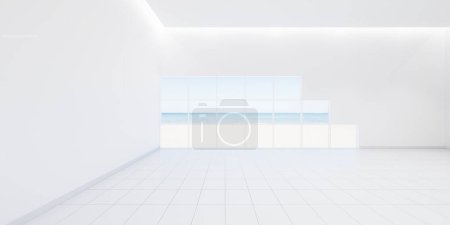 Photo for 3d rendering of white empty room with ceramic tile floor in perspective, sea beach view outside window. Modern luxury interior home design of living room look clean, bright surface for background. - Royalty Free Image