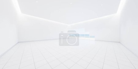 Photo for 3d rendering of white empty room with ceramic tile floor in perspective, sea beach view outside window. Modern luxury interior home design of living room look clean, bright surface for background. - Royalty Free Image