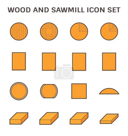 Illustration for Wood product vector icon i.e. plank, board, lumber and girder. Include log, timber and square sawing, cutting process in mill, sawmill industy. Material from nature for woodworking, house construction - Royalty Free Image