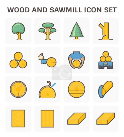 Illustration for Wood, sawmill industry vector icon i.e. process of cutting, lifting, transport, debarking and square sawing. Include tree, timber and wood product i.e. plank, board, lumber and girder for woodworking. - Royalty Free Image
