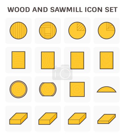 Illustration for Wood and sawmill vector icon i.e. plank, board, lumber and girder. Include log, timber and square sawing, cutting process in mill, sawmill industy. Material from nature for woodworking, construction. - Royalty Free Image