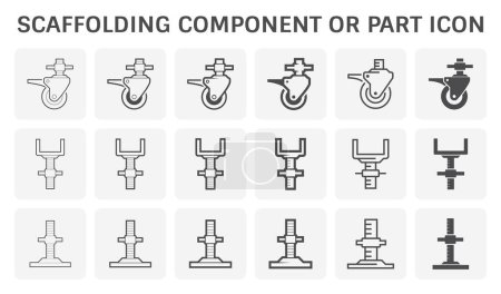 Illustration for Component part of scaffold, staging vector icon consist of swivel caster, U-head jack and base jack or plate. Equipment for structure to support work in construction, maintenance, repair building. - Royalty Free Image