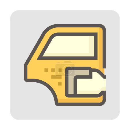 Illustration for Car polish vector icon consist of hand, trowel and scratch damage on car door panel. May called buffing, rubbing, cleaning, waxing or detailing. Service for remove scratch, paint repair. 48x48 pixel. - Royalty Free Image