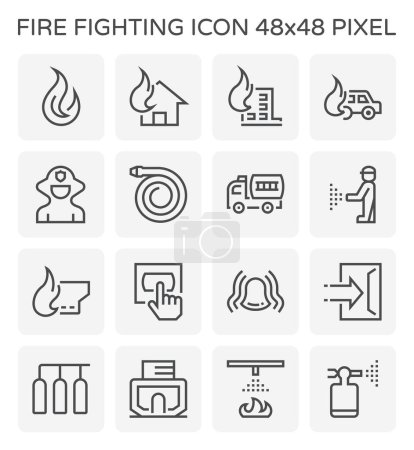 Téléchargez les illustrations : Système de lutte contre l'incendie, icône vectorielle de l'équipement alarme, arroseur, tuyau, extincteur, pompier ou pompier pour la sécurité, la protection, l'urgence, le sauvetage et la lutte contre l'incendie par produit chimique de l'eau. 48x48 px - en licence libre de droit