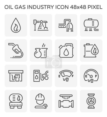 Illustration for Oil gas industry vector icon i.e. global process of exploration, extraction and refinery. Transport by oil tanker, pipe or pipeline. Include petroleum product, gas station service and worker. 48x48 px. - Royalty Free Image