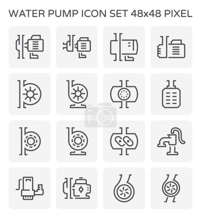 Water pump vector icon i.e. centrifugal, rotary, lobe, dewatering and well. Powered by electric motor, engine for station to transfer water in house, agriculture, fire fighting and industry. 48x48 px.