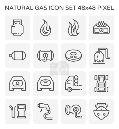 Ilustración de Tanque de gas o cilindro de gas icono vectorial. Equipos para gas natural, propano, es decir lpg, lng, cng, ngv. Almacenamiento comprimido a licuado. Incluye llama de fuego, estufa, coche, camión, repostaje y petrolero, 48x48 px - Imagen libre de derechos