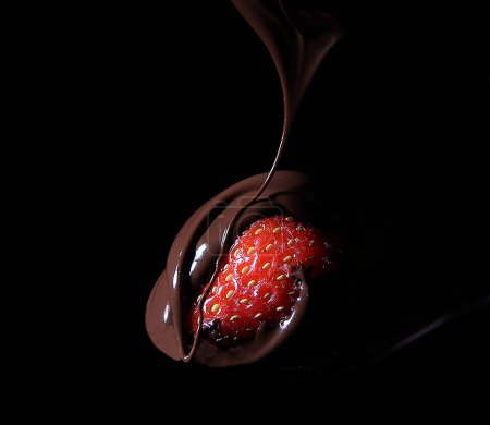 Téléchargez les photos : Strawberry covered in chocolate, on a fork outline, black background. Birthday card, Mother Day card, valentine day, marriage, greeting card, postcard, invitation. Copy space pattern wallpaper banner - en image libre de droit