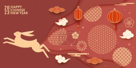 Téléchargez les illustrations : Illustration vectorielle Année du lapin avec lanternes rouges et motif de texture traditionnelle chinoise - en licence libre de droit