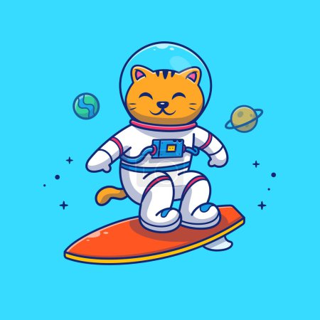 Ilustración de Cute Cat Astronaut Surf In Space Cartoon Vector Icono Ilustración. Icono de Tecnología Animal Concepto Vector Premium Aislado. Estilo plano de dibujos animados - Imagen libre de derechos