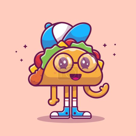 Ilustración de Cute Taco Wearing Hat And Sunglasess Cartoon Vector Icon Illustration. Food Fashion Icon Concept Isolated Premium Vector. Flat Cartoon Style - Imagen libre de derechos
