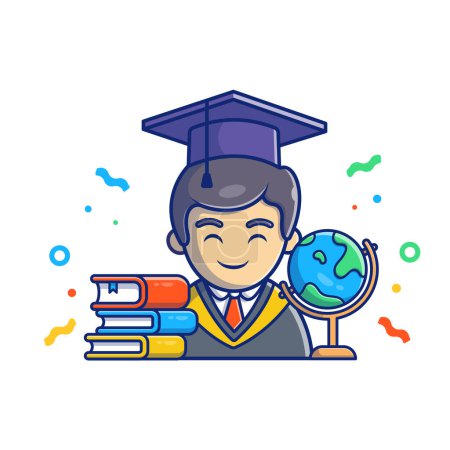 Ilustración de Man Graduation, Globe, And Book Cartoon Vector Icon Illustration. People Education Icon Concept Isolated Premium Vector. Flat Cartoon Style - Imagen libre de derechos