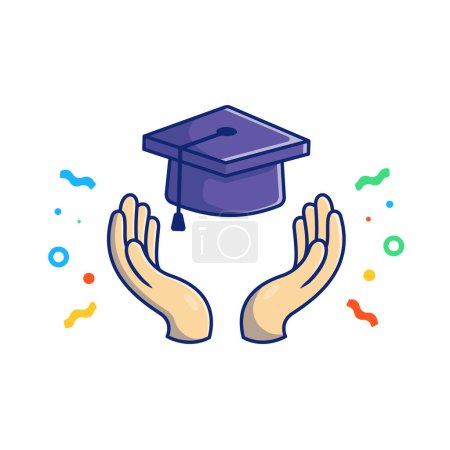 Illustration for Graduation Hat, Hands And Confetti Cartoon Vector Icon Illustration. Education People Icon Concept Isolated Premium Vector. Flat Cartoon Style - Royalty Free Image