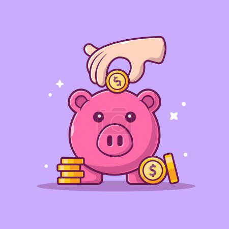 Téléchargez les illustrations : Hand Saving Money With Piggy Bank Cartoon Vector Icon Illustration. Business Finance Icon Concept Isolated Premium Vector. Flat Cartoon Style - en licence libre de droit