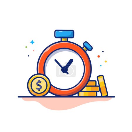 Ilustración de Stopwatch And Gold Coin Cartoon Vector Icon Illustration. Business Finance Icon Concept Isolated Premium Vector. Flat Cartoon Style - Imagen libre de derechos