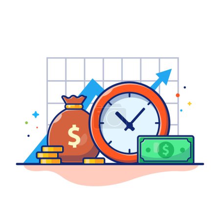 Illustration for Clock With Coin Money And Statistic Graph Cartoon Vector Icon Illustration. Business Finance Icon Concept Isolated Premium Vector. Flat Cartoon Style - Royalty Free Image