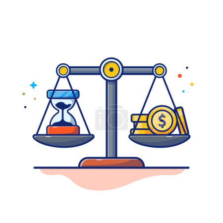 Illustration for Balance Scale With Hourglass And Gold Coin. Cartoon Vector Icon Illustration. Business Finance Icon Concept Isolated Premium Vector. Flat Cartoon Style - Royalty Free Image