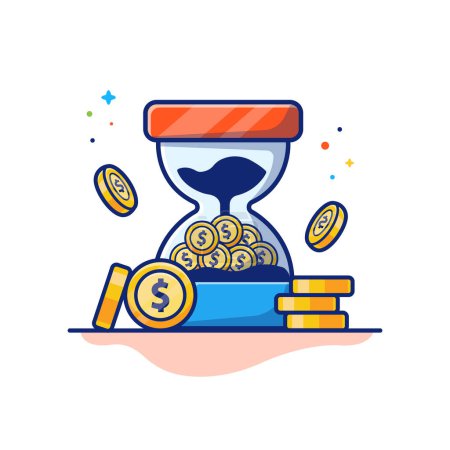 Téléchargez les illustrations : Hourglass With Gold Coin Cartoon Vector Icon Illustration. Finance Business Concept Isolated Premium Vector. Flat Cartoon Style - en licence libre de droit