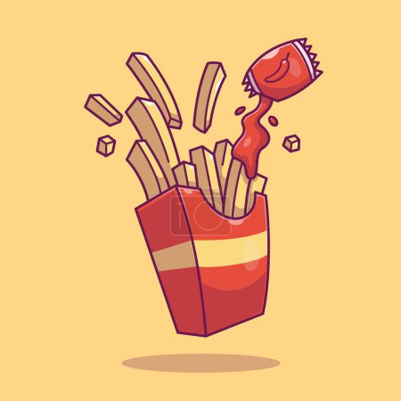 Ilustración de Papas fritas con salsa de chile Dibujos animados Vector Icono Ilustración. Objeto alimenticio Concepto de icono Vector Premium aislado. Estilo plano de dibujos animados - Imagen libre de derechos