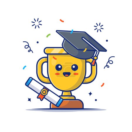 Illustration for Graduation Trophy With Hat And Certificate Cartoon Vector Icon Illustration. Education Object Icon Concept Isolated Premium Vector. Flat Cartoon Style - Royalty Free Image